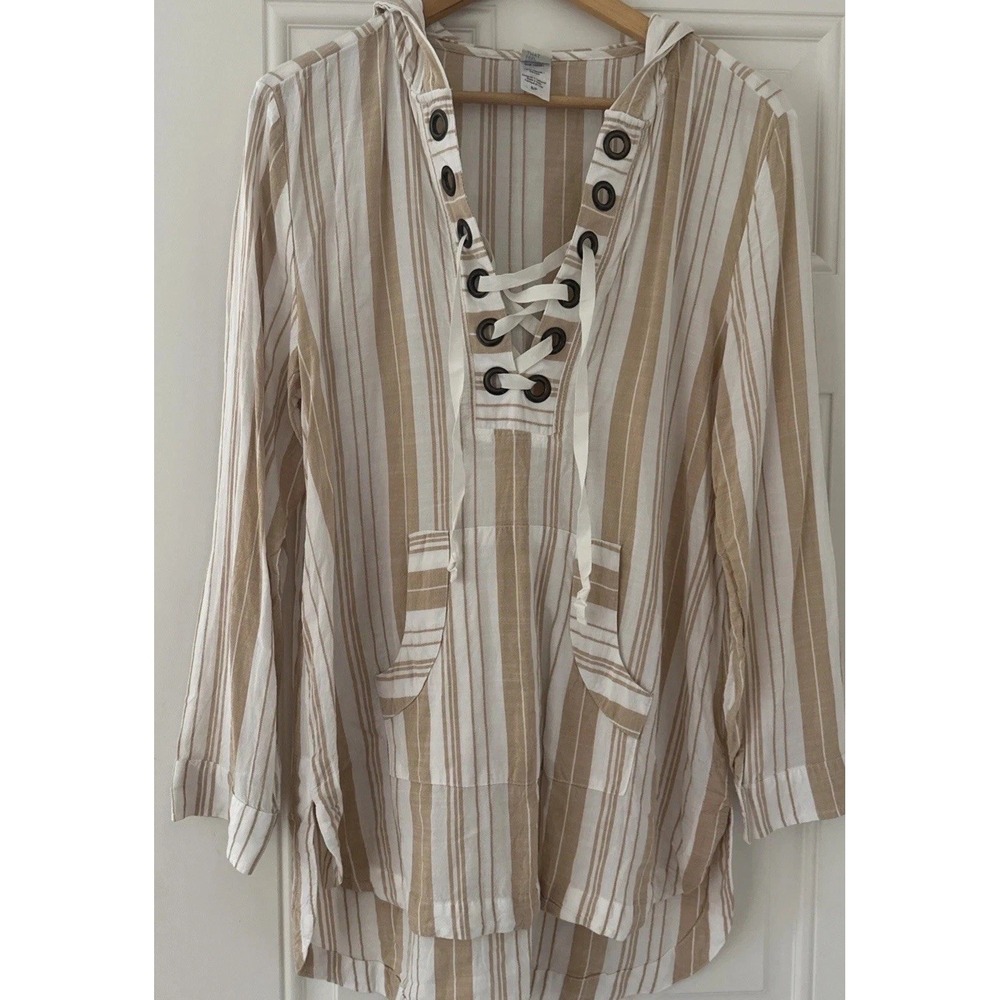 L Space Love Letters Sz S Tan Stripe Lace Up Hooded V Neck Swim Cover Up Beach